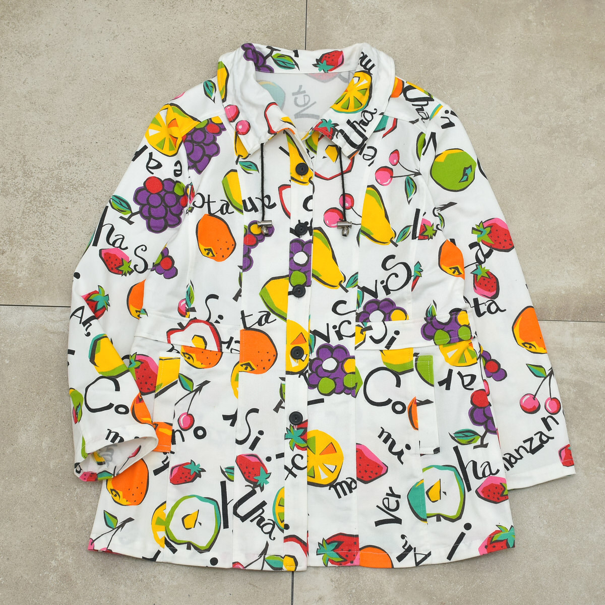 Deformation collar pop art fruit print shirt jktレディース M相当 ポップ デザイン フルーツ 総柄_画像2