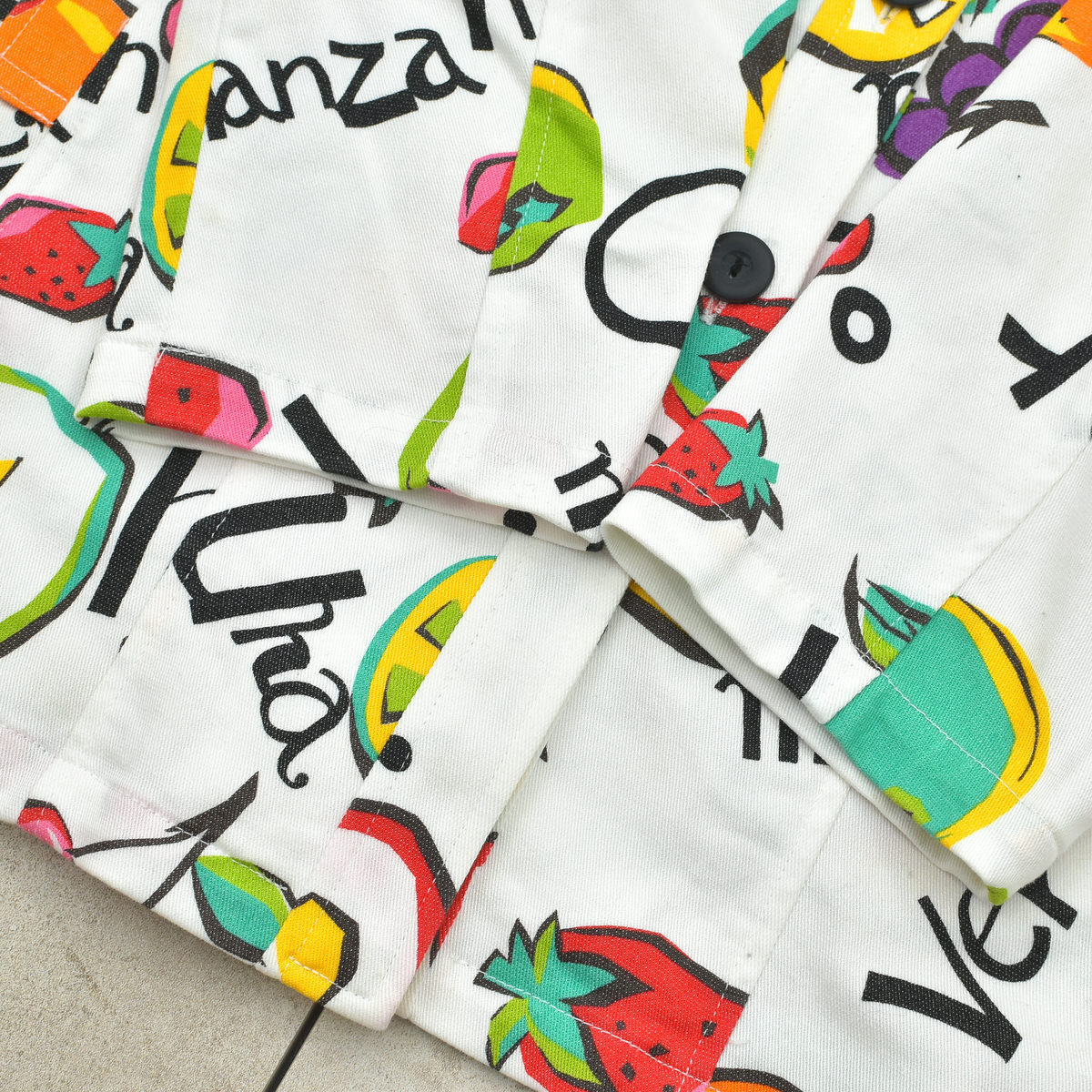 Deformation collar pop art fruit print shirt jktレディース M相当 ポップ デザイン フルーツ 総柄_画像8