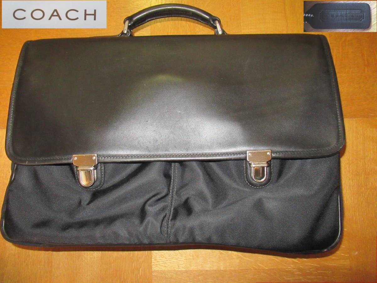 COACH コーチ ショルダーストラップ付 ノートPC収納ポケット付 ブラック レザー革&ナイロン 大型ビジネスバッグ ブリーフケース 美品