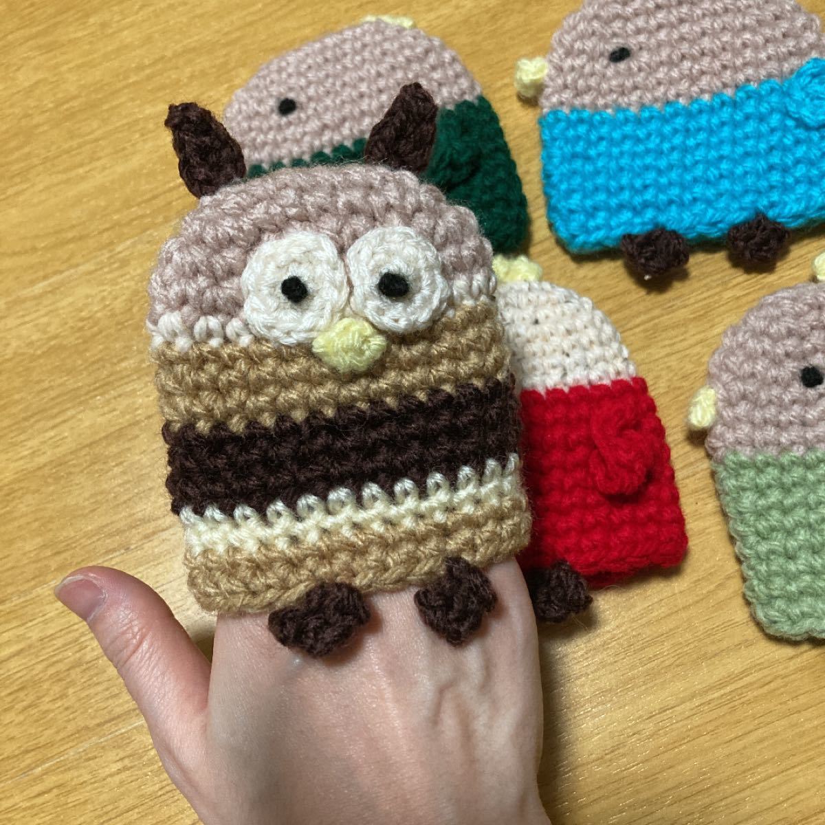 ハンドメイド アクリルたわし ひよこ兄弟とフクロウ