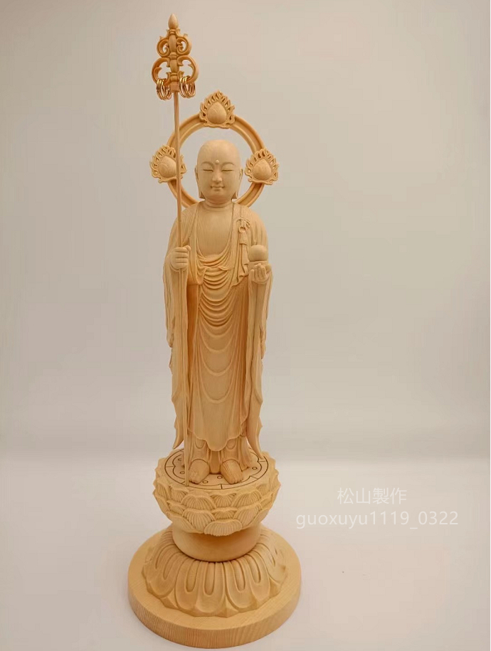 総檜材 木彫仏像 仏教美術 精密細工 地蔵王菩薩立像 仏師手仕上げ品 高さ34cm