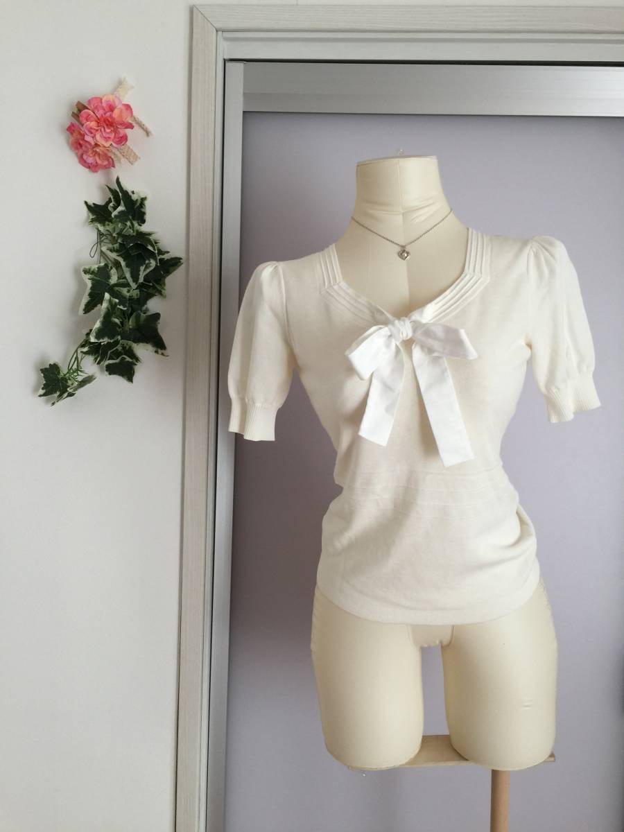 toe Be Schic knitted sweater ribbon short sleeves 2 II white white tops cut and sewn TO BE CHIC lady's office commuting going to school te-to