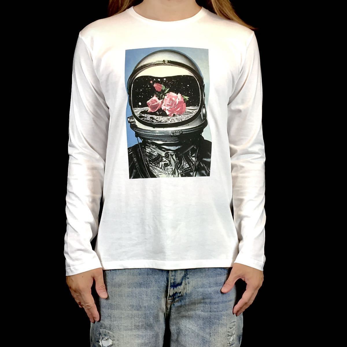 【良好品】 Mサイズ Tシャツ 長袖 ロンT コズミック レトロ 月面着陸 NASAアポロ計画 バラ 薔薇 アストロノーツ 宇宙飛行士 新品 タイト ビッグ スリム Mサイズ