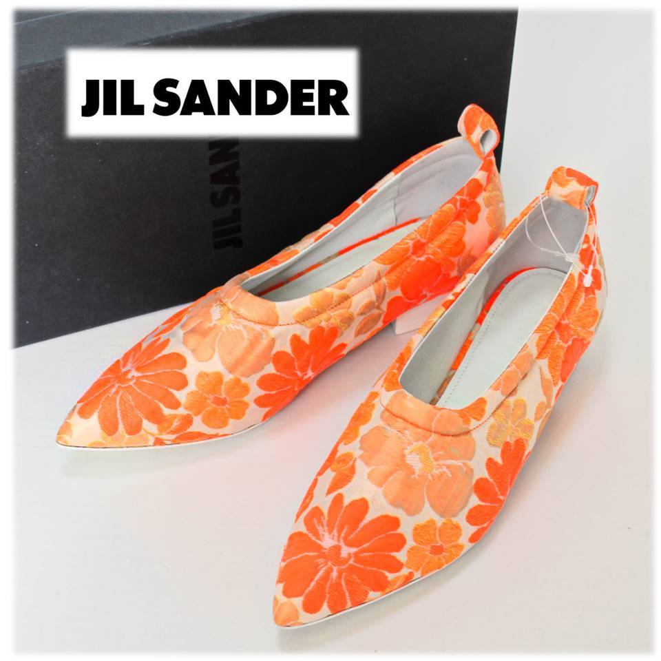 《JILSANDER ジルサンダー》箱付新品 訳有 定価85,800円 イタリア製 ジャガード織 花柄 アンクレット付きフラットパンプス 38