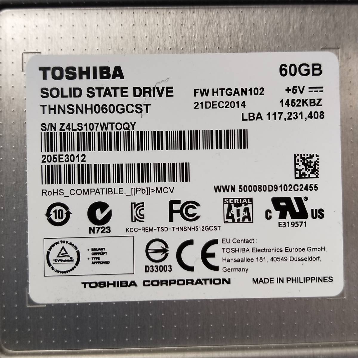 【中古パーツ】TOSHIBA 2.5 SATA SSD 60GB 1台　正常 THNSNH060GCST ■SSD48_画像3