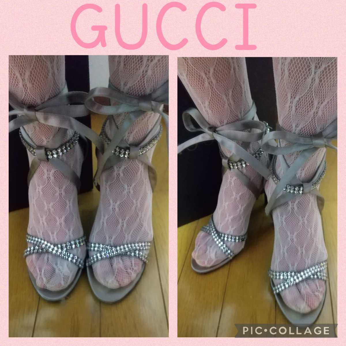 (新品同様)GUCCI グッチ 海外購入時69000円 ラインストーンが超キラキラ 編上げリボンサンダル シルバー ヒール 8cm サイズL 箱付き☆★_画像4