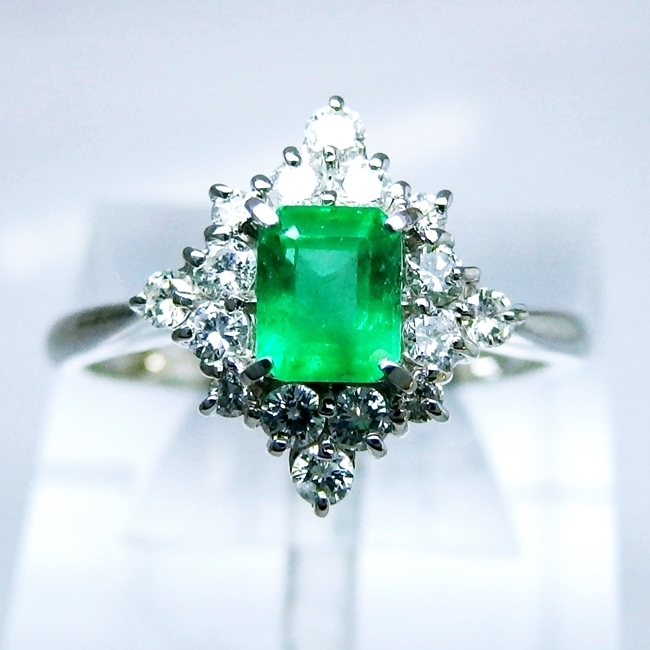 Pt900* ring * emerald * diamond *18 number #so-ting attaching [ used ] /31911 /10016983