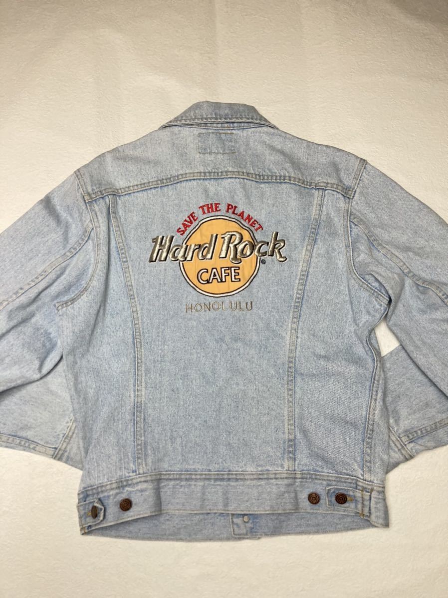 ◆ Lee x Hard Rock CAFE ◆ 90s USA製 ハードロックカフェ 背面BIGロゴ刺繍 4ポケット デニム トラッカー ジャケット Gジャン S/M-L程度