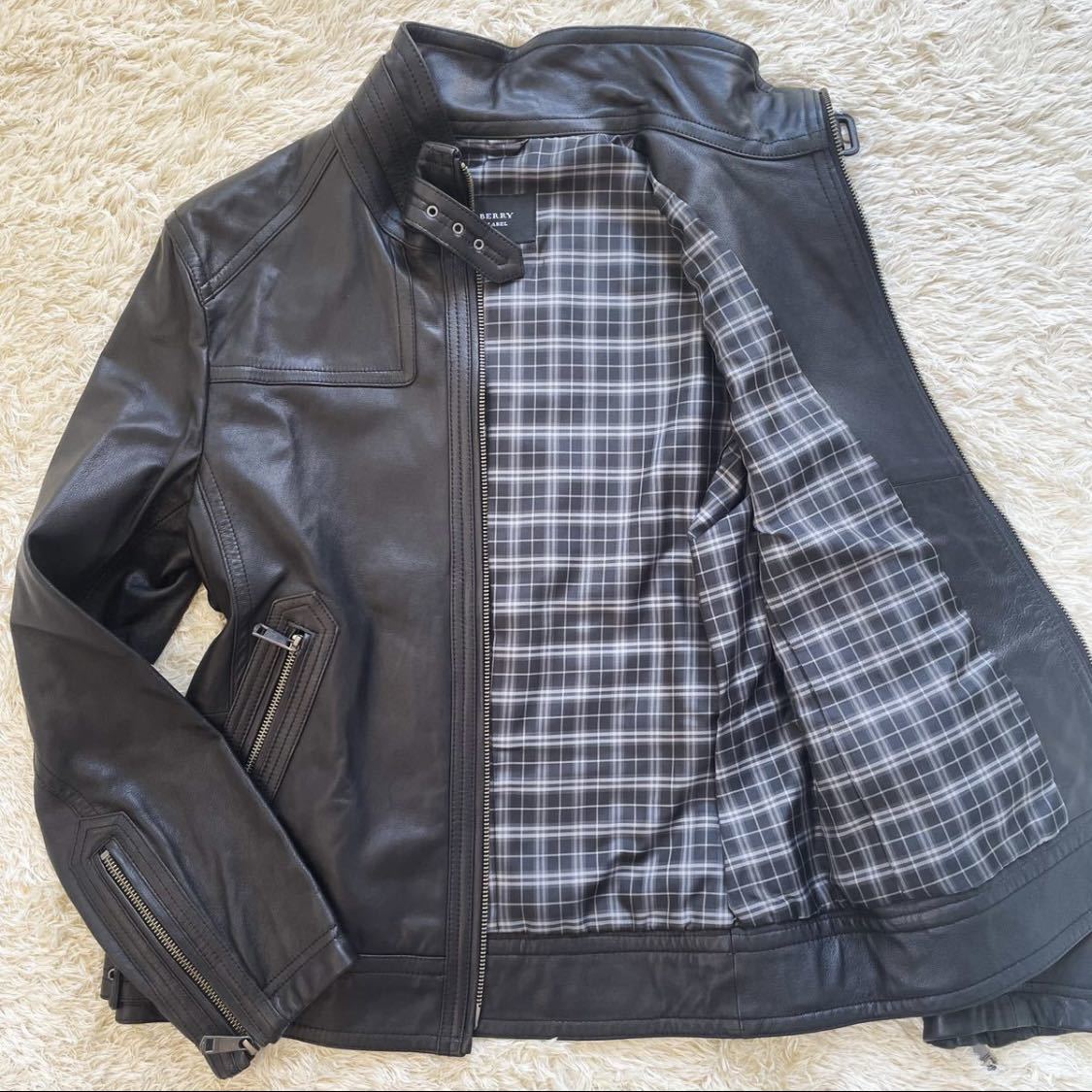 極美品 BURBERRY BLACK LABEL 希少 ラムレザー シングル ライダース