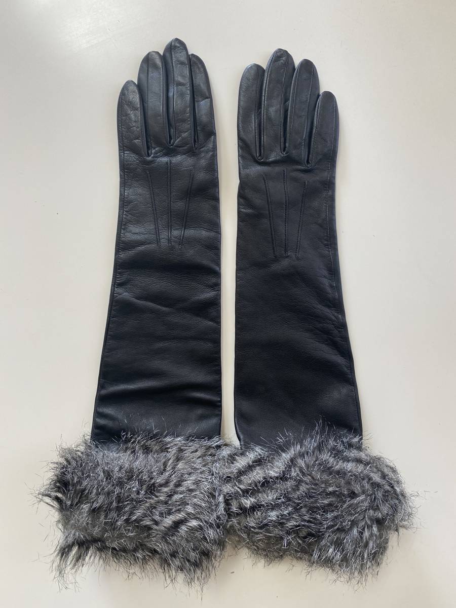 [ beautiful goods ]tentsuDENTS lady's leather long glove black leather gloves fur attaching size 6 half acrylic fiber lining 