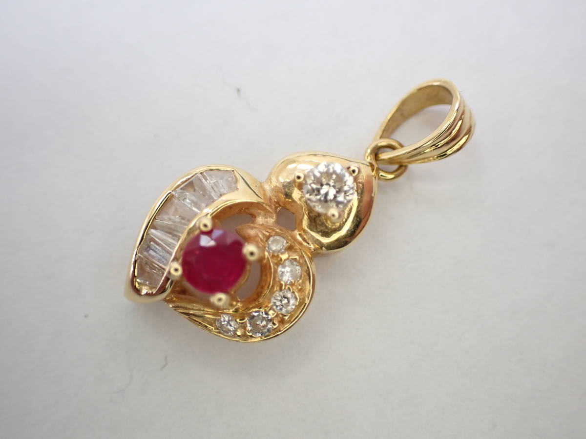 K18 ゴールド ルビー 0.19ct ダイヤ 0.33ct デザイン ペンダントトップ