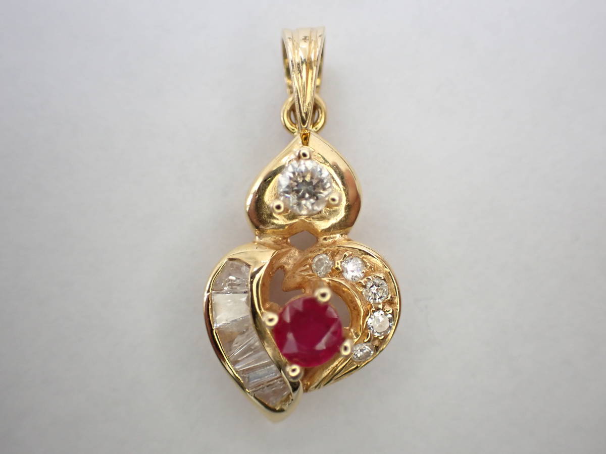 K18 ゴールド ルビー 0.19ct ダイヤ 0.33ct デザイン ペンダントトップ