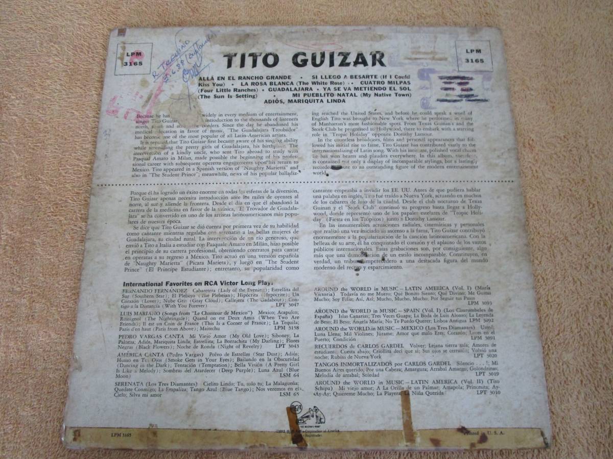 LP10インチ　アメリカ盤　メキシコ音楽　ティト・ギサールTito Guizar「ランチョ・グランデで Alla en el Rancho Grande」(RCA Victor)_画像2