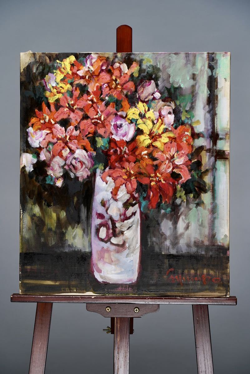Yahoo!オークション   川畑純保白い花瓶の花油彩画 F号.5cmx5
