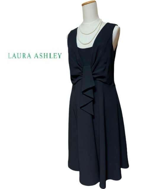 タグ付き未使用品 LAURA ASHLEY【ローラアシュレイ】黒色ドレープリボンタイワンピース 11号（UK12 EUR38 USA8）_画像1