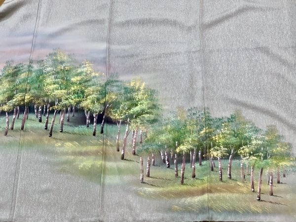 ◎美品保管品 着物 訪問着 作家物/落款あり 手描き「美瑛の白樺」 薄