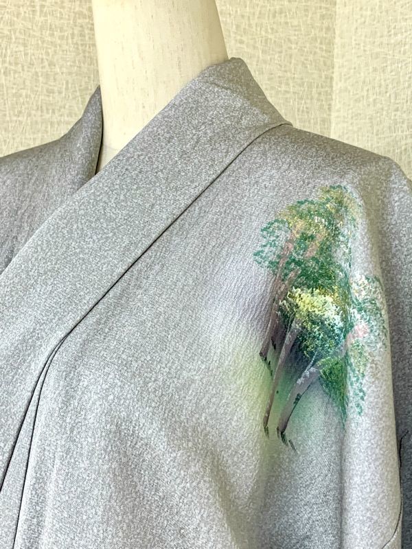 ◎美品保管品 着物 訪問着 作家物/落款あり 手描き「美瑛の白樺」 薄