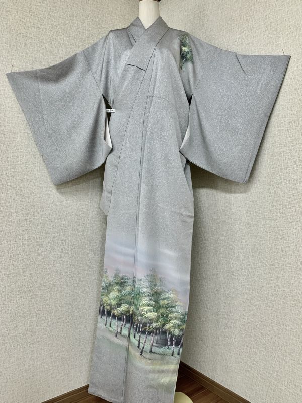 ◎美品保管品 着物 訪問着 作家物/落款あり 手描き「美瑛の白樺」 薄