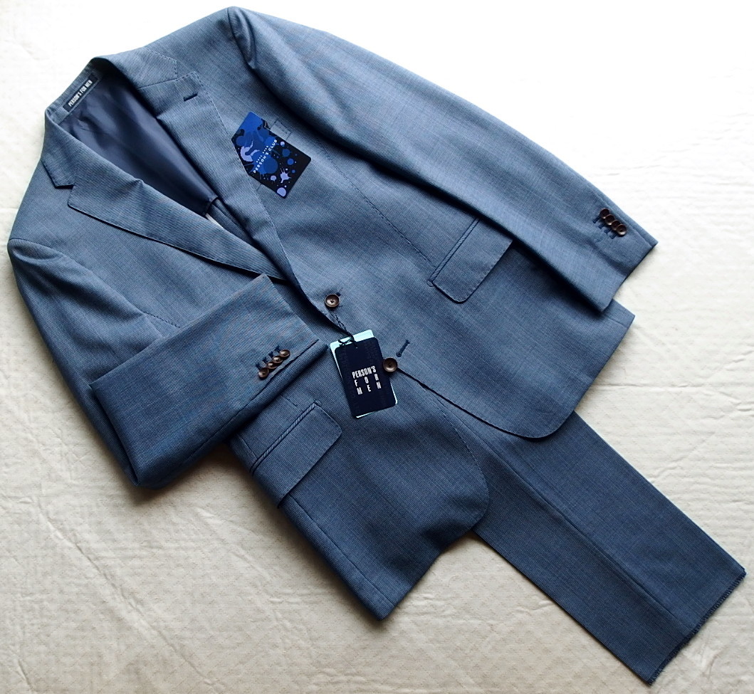 □新品 PERSON'S 春夏ウール2Bノータック 本切羽 紺&白/微小ストライプ