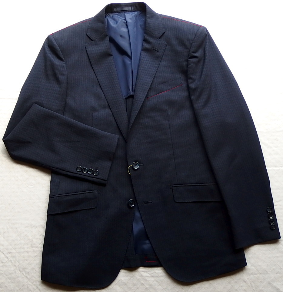 ■新品 TAKAQ 春夏ウール混2Bジャケット 洗濯OK 黒/紺ストライプ A6 (b) Lサイズ