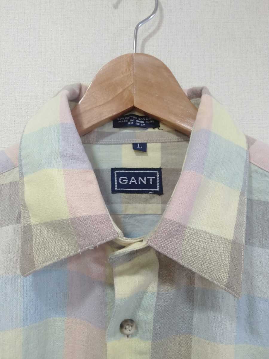 オールド　GANT マルチカラー　長袖シャツ　/　ガント　コットン×リネン　ブロックチェック　アメカジ　90s MADE IN HONG KONG_画像5