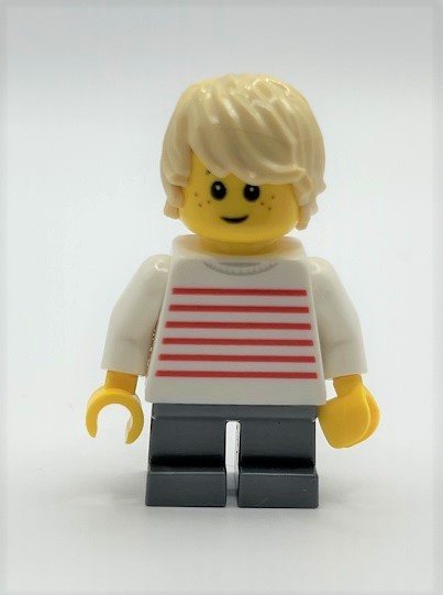 即決 新品 未使用　レゴ LEGO ミニフィグ ミニフィギュア シティ　ボーダーシャツを着た男の子　子ども　ニコニコ　困り顔_画像1
