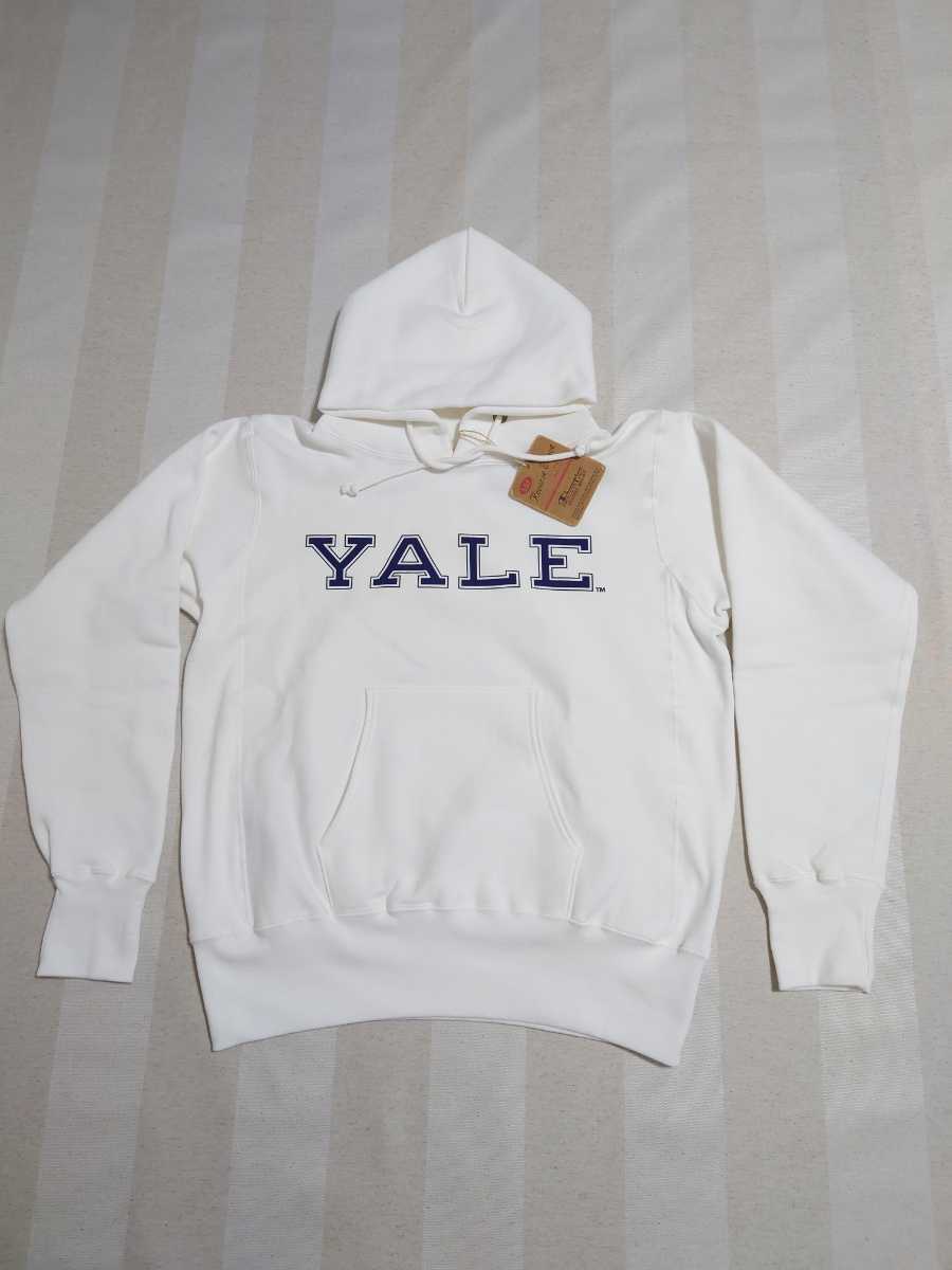 新品　チャンピオン　アメリカ製　Champion　リバースウィーブ　YALE　L　スウェット　パーカー　USA　白　ホワイト　赤単色　染み込み