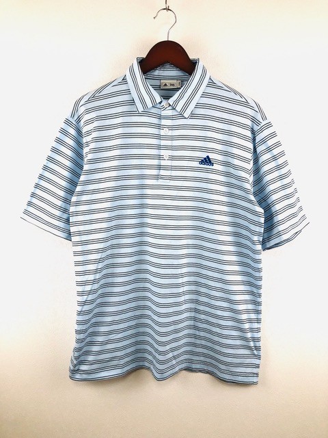 Adidas Golf アディダスゴルフ テーラーメイド メンズ 半袖 ポロシャツ ライトブルー 水色 ストライプ ボーダー スポーツ ウェア ロゴ