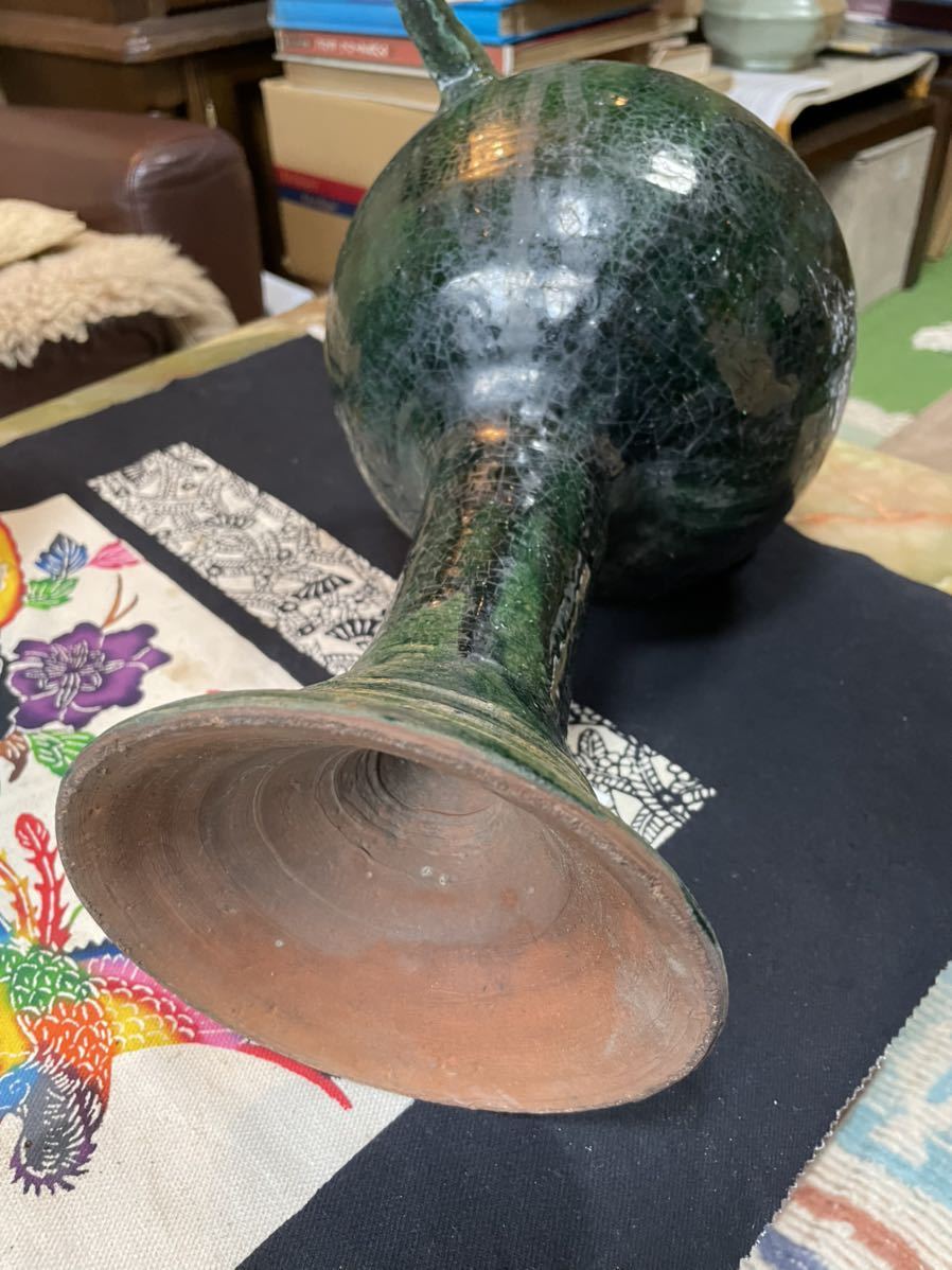 福袋 セール 中国美術【 古 箱付 花瓶 朱雀緑釉壺】単色釉 漢代陶瓷萌芽期 素焼