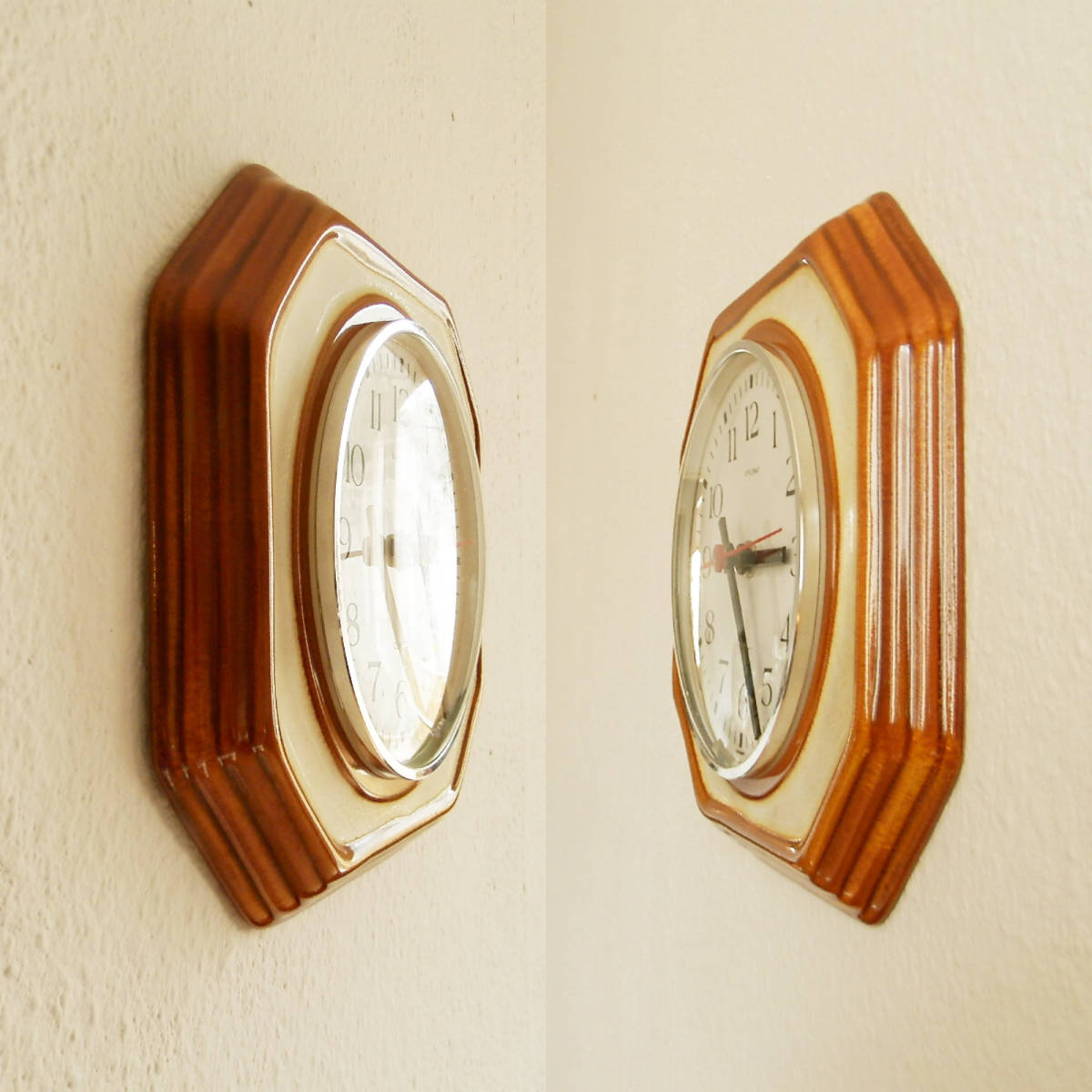 陶器の壁掛け時計　ドイツ　クリーム　茶　DIPLOMAT　レトロ　ビンテージ　インテリア_画像3