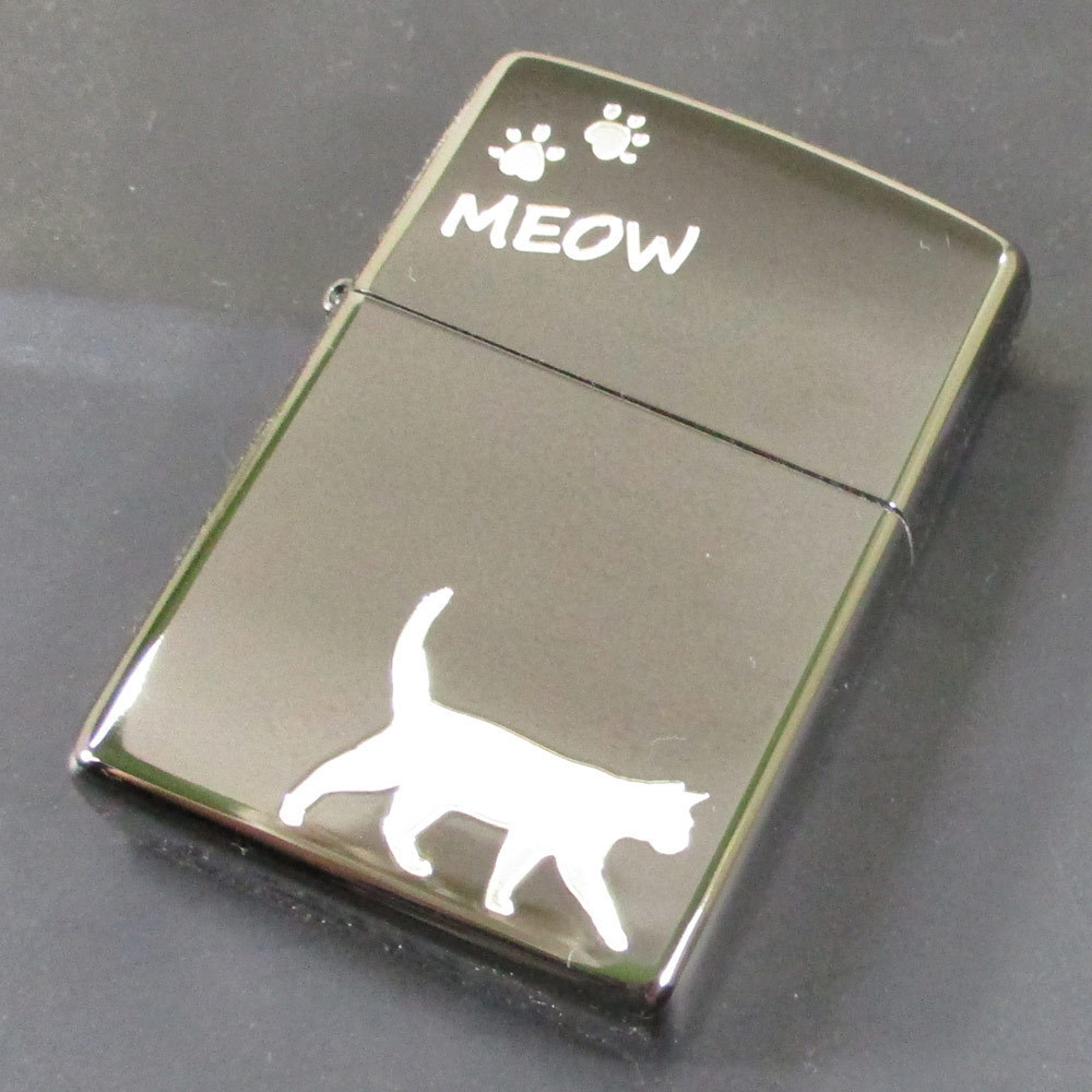 送料無料メール便 ジッポー オイルライター meow ネコ 黒メッキミラー銀差し CAT-KB_画像8