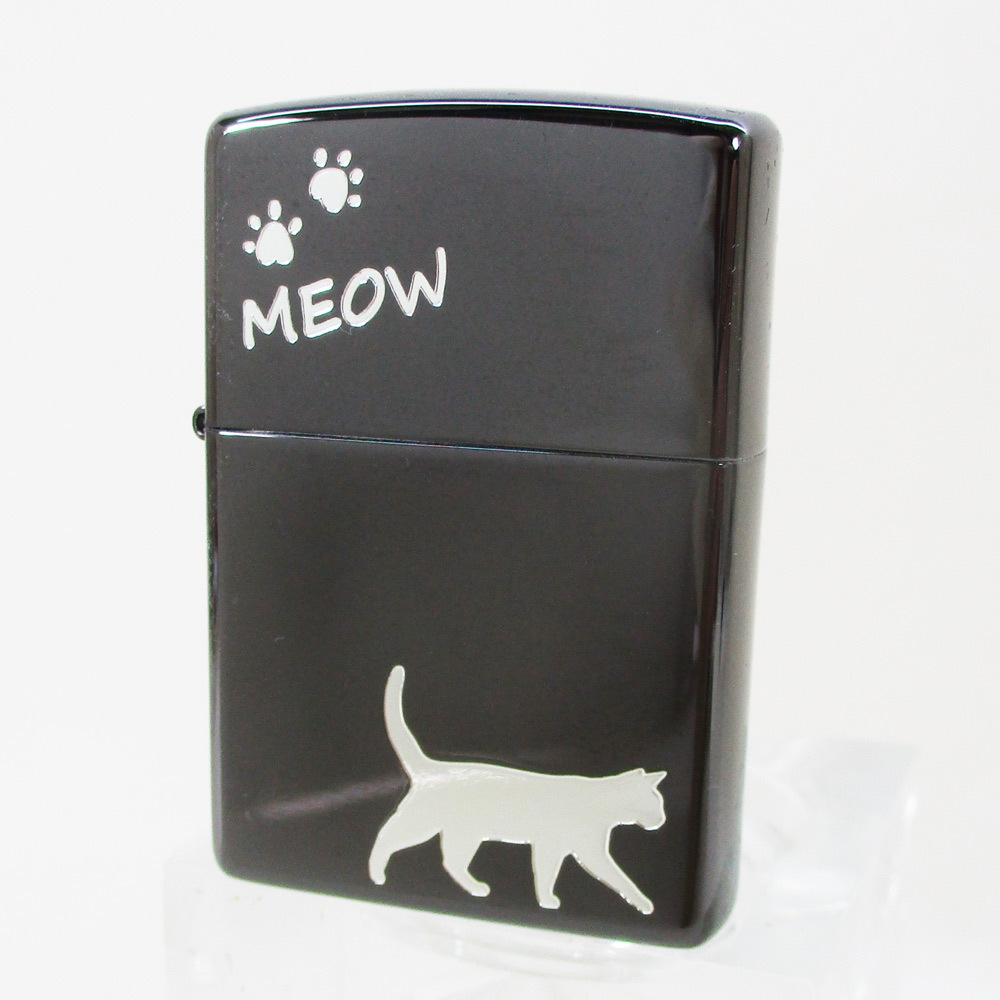 同梱可能 ジッポー オイルライター meow ネコ 黒メッキミラー銀差し CAT-KB_画像3