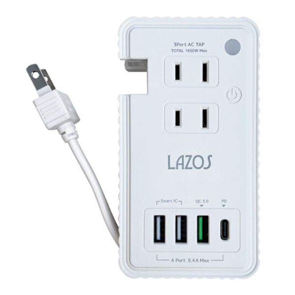 AC電源タップ＆USB充電器 最大出力50W ケーブル収納式タップ＆ACチャージャー Lazos L-PSAC-W2/6691/送料無料メール便 ポイント消化_画像2