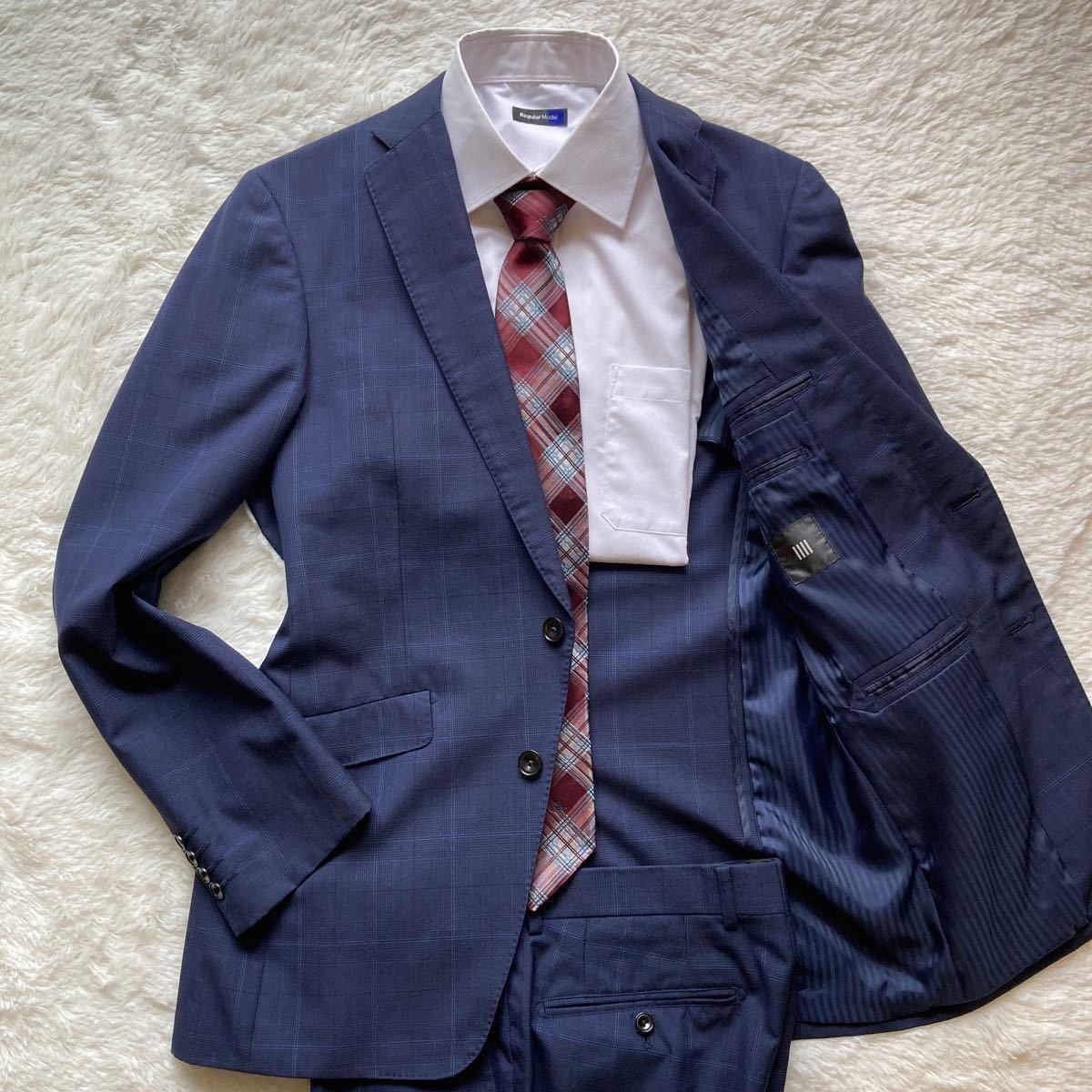 スーツセレクト 紳士の着こなし Suit Select セットアップ テーラードジャケット スーツ チェック ウール ネイビー 大きいサイズxl