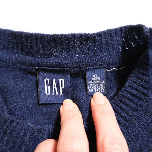 90's ギャップ GAP クルーネック ウール ニットセーター 紺 (XL) ネイビー リブ無し ラムウール 90年代 旧タグ オールド_画像8