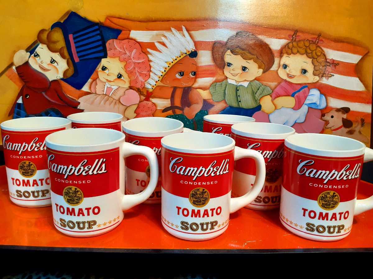 アメリカン雑貨カフェバーキッチンスタイルビンテージUS製70'sアンディウォーホルデザインキャンベルCampbell'sトマトスープマグ8個セット_画像1