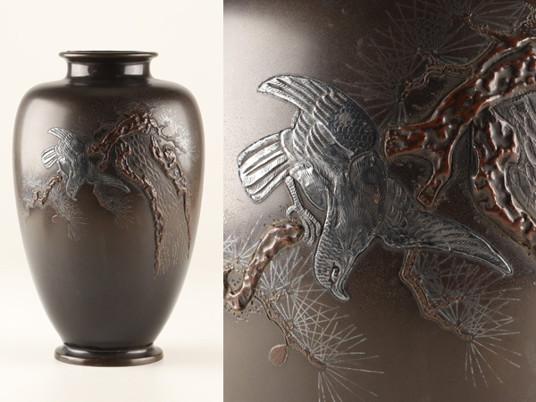 【琴》送料無料 古美術品 銅製鷹に松銀彫金花瓶 高30.2cm DB038 花器