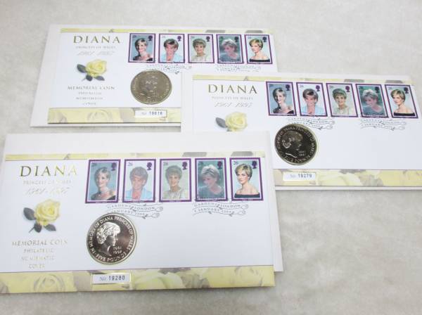 ダイアナ妃追悼５ポンド白銅貨 1995年 メモリアルコイン 切手カバー(PNC) ３枚セット 美品_写真１