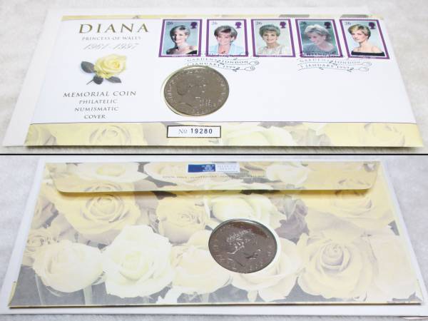 ダイアナ妃追悼５ポンド白銅貨 1995年 メモリアルコイン 切手カバー(PNC) ３枚セット 美品_写真２
