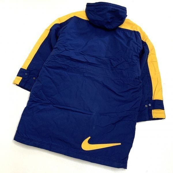 良品 90‘s 銀タグ NIKE ナイキ ビッグスウッシュロゴ 中綿 ロングコート メンズ Mサイズ ネイビー イエロー アウトドア キャンプ_画像1