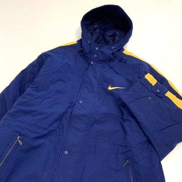 良品 90‘s 銀タグ NIKE ナイキ ビッグスウッシュロゴ 中綿 ロングコート メンズ Mサイズ ネイビー イエロー アウトドア キャンプ_画像3