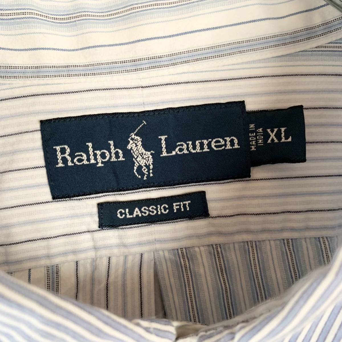 90s Ralph Lauren インド綿 ラルフローレン ボタンダウン コットン クレイジー マルチストライプ シャツ 白×ブルー XL ヴィンテージ_画像3