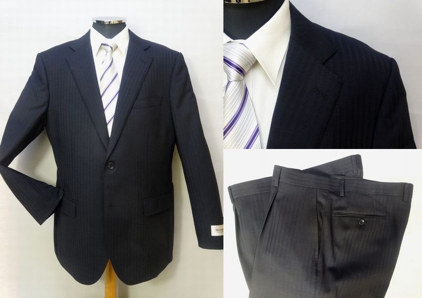 【春夏 新作】2釦2パンツスーツ・BB-5・ハイグレード仕様・黒にちかい濃紺/織縞