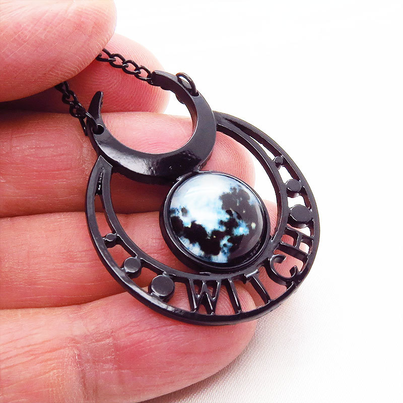  gothic style black moon long necklace . woman wichi three day month Triple moon bread clock men's lady's 