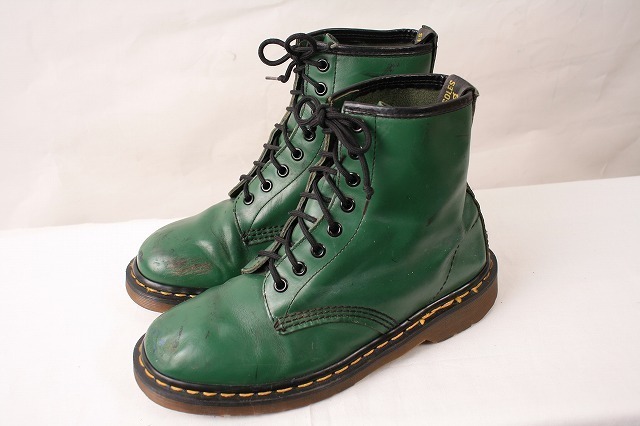 英国製ドクターマーチン UK6/24.5cm～25.0cm/8ホール 緑 グリーン ブーツ レザー drmartens イングランド 中古 dh2663_画像1