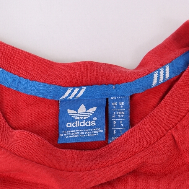アディダス Tシャツ S 赤 白 半袖 adidas ロゴ クルーネック /トレフォイル メンズ レディース 古着 中古 st74_画像4