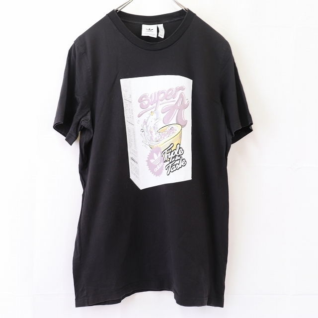 アディダス Tシャツ L 黒 ブラック 半袖 adidas プリント T クルーネック ビッグサイズ /トレフォイル メンズ レディース 古着 中古 st73_画像1