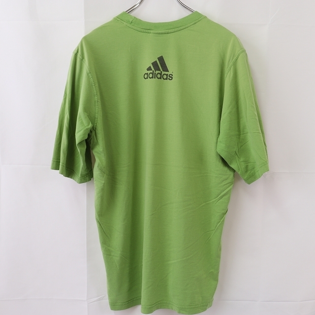 アディダス Tシャツ L 位 黄緑 半袖 adidas プリント ロゴ 大きめ ビッグサイズ/トレフォイル メンズ レディース 古着 中古 st142_画像2