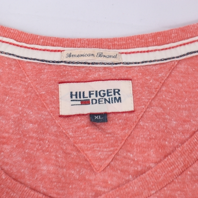 トミーヒルフィガー XL Tシャツ 朱色 ピンク系 ワンポイント 刺繍 Tommy Hilfiger 半袖 クルーネック メンズ 古着 中古 st174_画像4