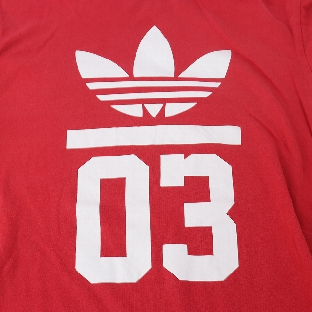 アディダス Tシャツ S 赤 白 半袖 adidas ロゴ クルーネック /トレフォイル メンズ レディース 古着 中古 st74_画像3